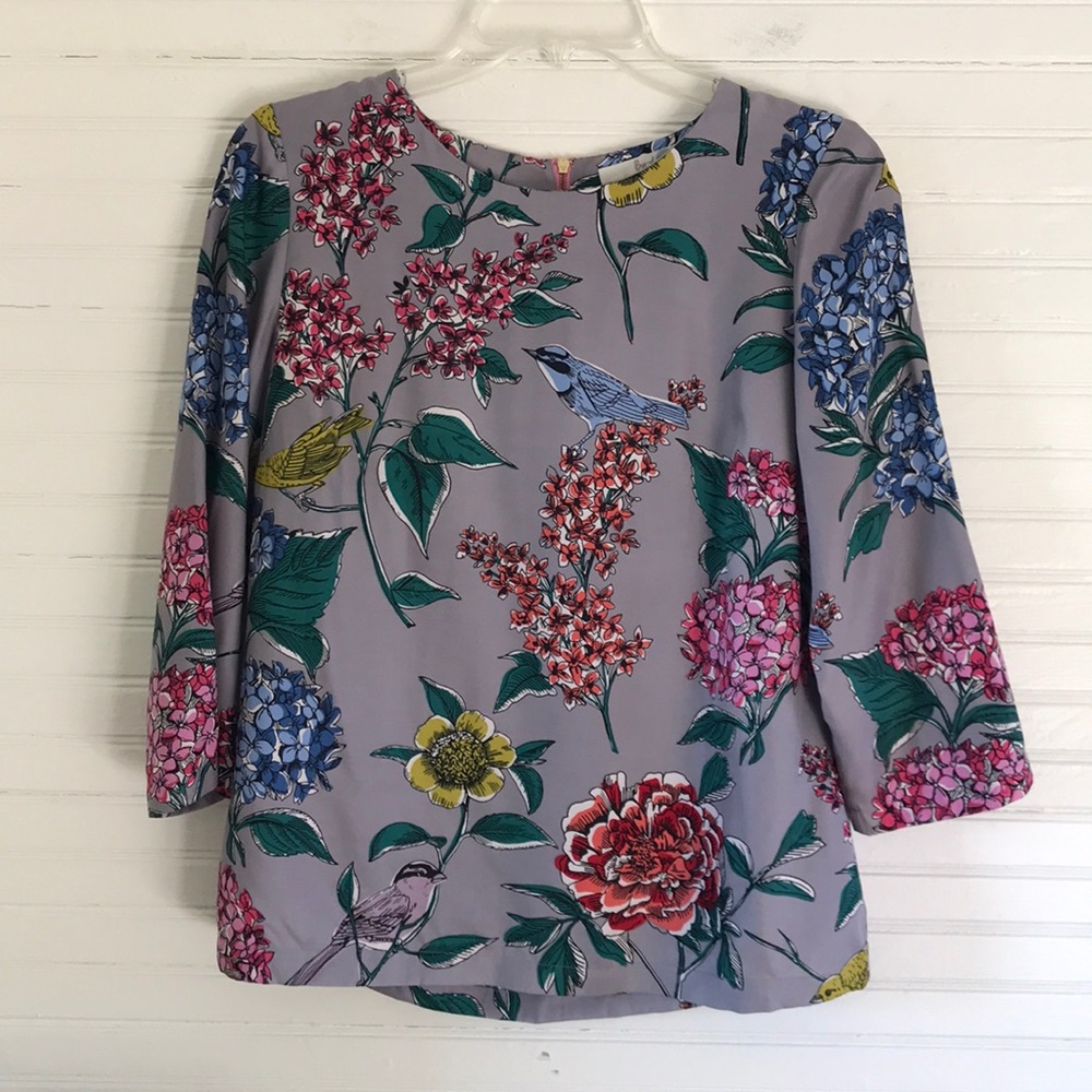BODEN floral + bird print blouse
